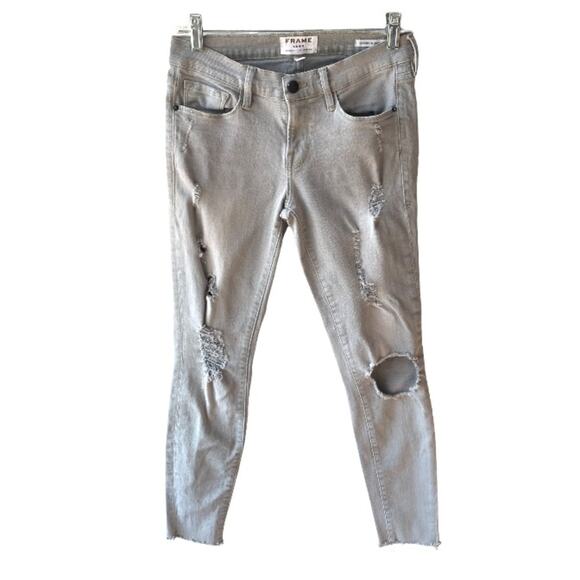FRAME Denim Le Skinny De Jeanne Grey Distressed Jeans in Harding, Size 26 - Picture 2 of 7